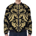 Black And Beige Damask Pattern Print Zip Sleeve Bomber Jacket