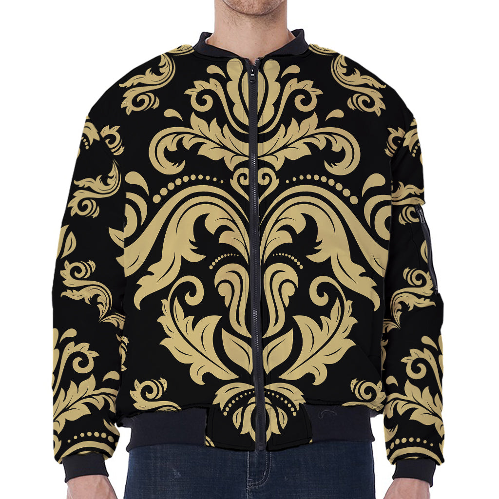 Black And Beige Damask Pattern Print Zip Sleeve Bomber Jacket