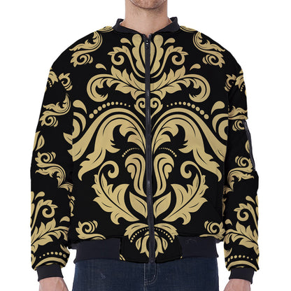Black And Beige Damask Pattern Print Zip Sleeve Bomber Jacket