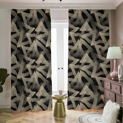 Black And Beige Geometric Triangle Print Blackout Pencil Pleat Curtains