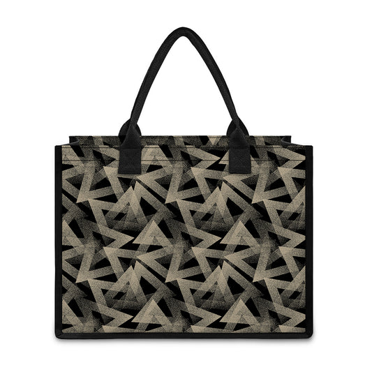 Black And Beige Geometric Triangle Print Canvas Tote Bag