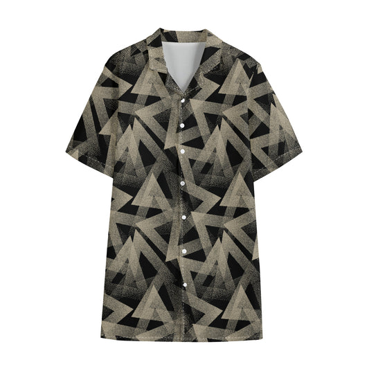 Black And Beige Geometric Triangle Print Cotton Hawaiian Shirt