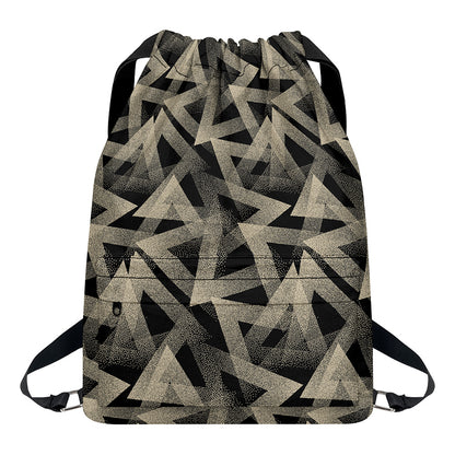 Black And Beige Geometric Triangle Print Drawstring Backpack