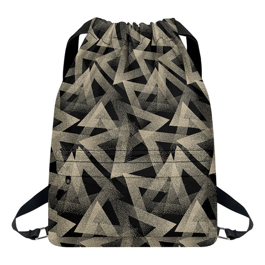 Black And Beige Geometric Triangle Print Drawstring Backpack
