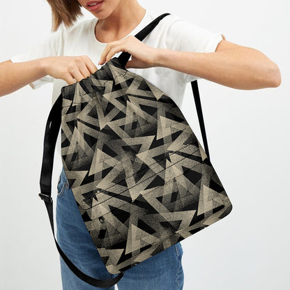 Black And Beige Geometric Triangle Print Drawstring Backpack
