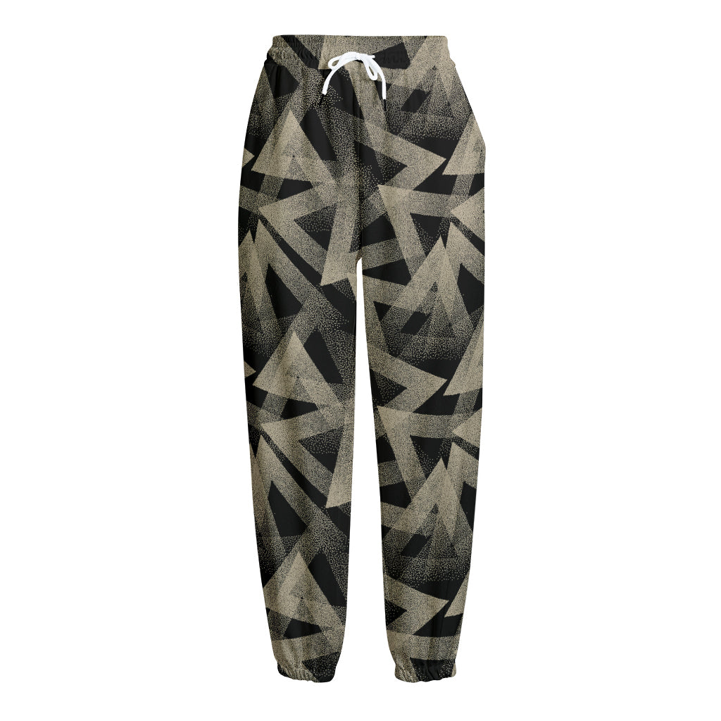 Black And Beige Geometric Triangle Print Fleece Lined Knit Pants