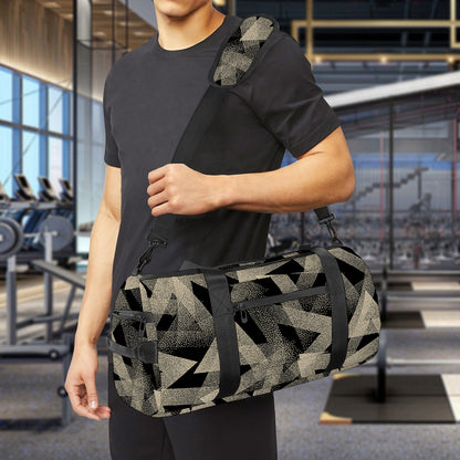 Black And Beige Geometric Triangle Print Gym Bag
