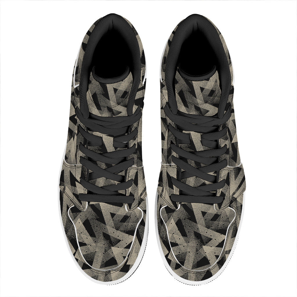 Black And Beige Geometric Triangle Print High Top Leather Sneakers