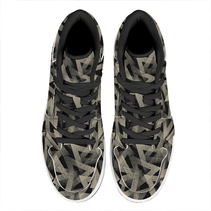 Black And Beige Geometric Triangle Print High Top Leather Sneakers