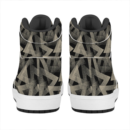 Black And Beige Geometric Triangle Print High Top Leather Sneakers