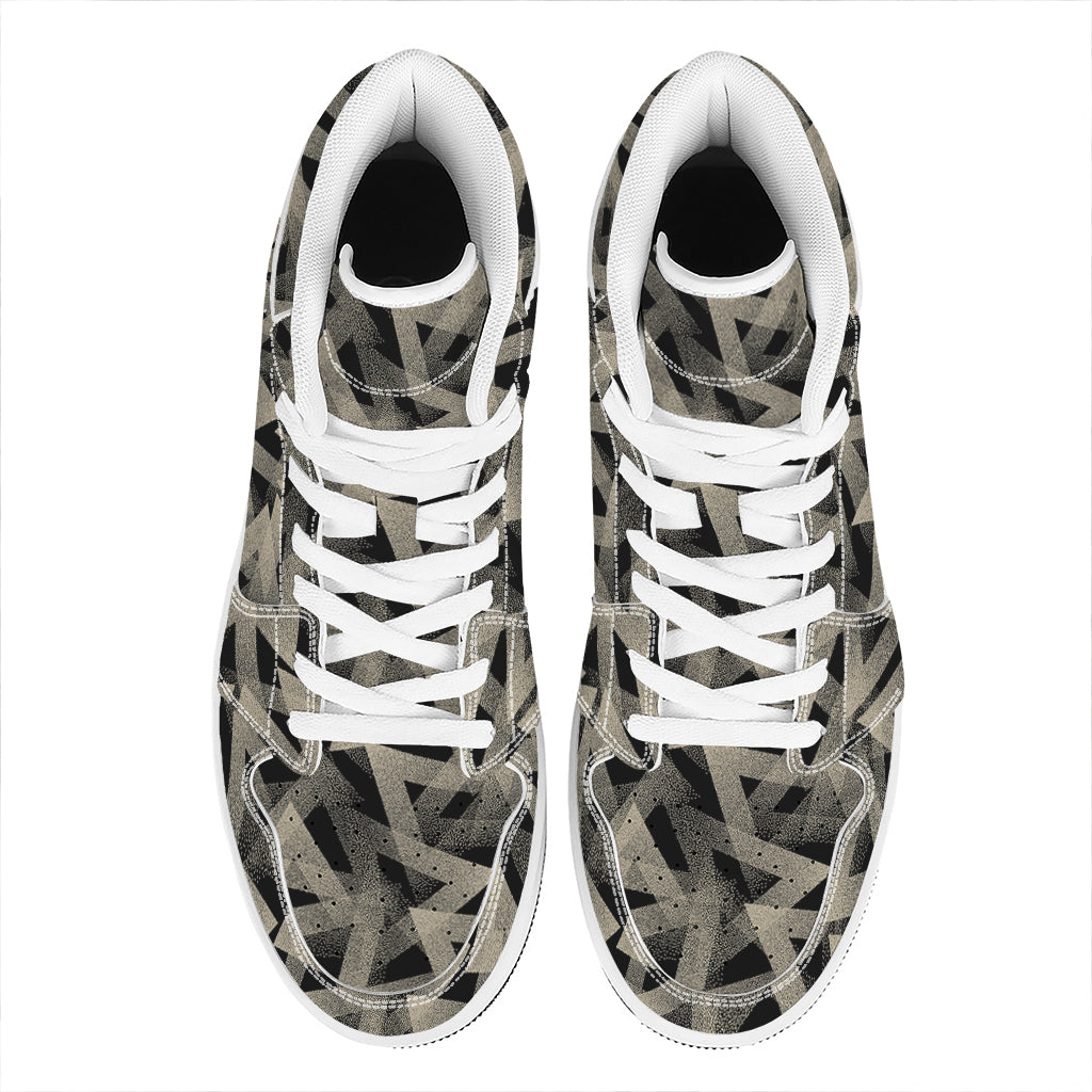 Black And Beige Geometric Triangle Print High Top Leather Sneakers