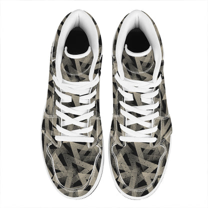 Black And Beige Geometric Triangle Print High Top Leather Sneakers