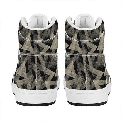 Black And Beige Geometric Triangle Print High Top Leather Sneakers