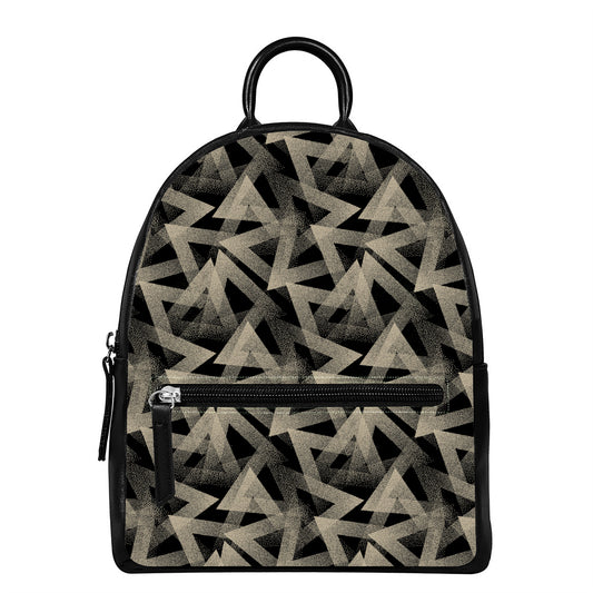 Black And Beige Geometric Triangle Print Leather Backpack