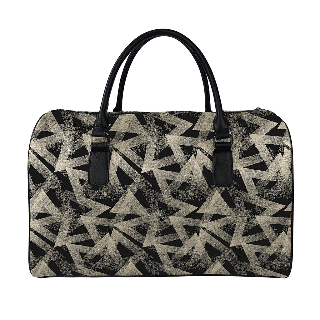 Black And Beige Geometric Triangle Print Leather Duffle Bag