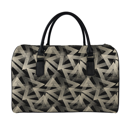 Black And Beige Geometric Triangle Print Leather Duffle Bag