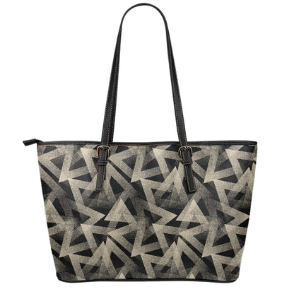 Black And Beige Geometric Triangle Print Leather Tote Bag