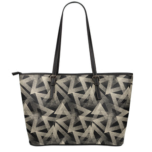 Black And Beige Geometric Triangle Print Leather Tote Bag