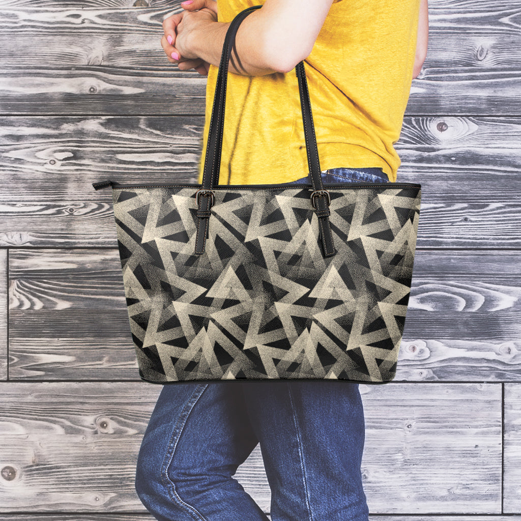 Black And Beige Geometric Triangle Print Leather Tote Bag