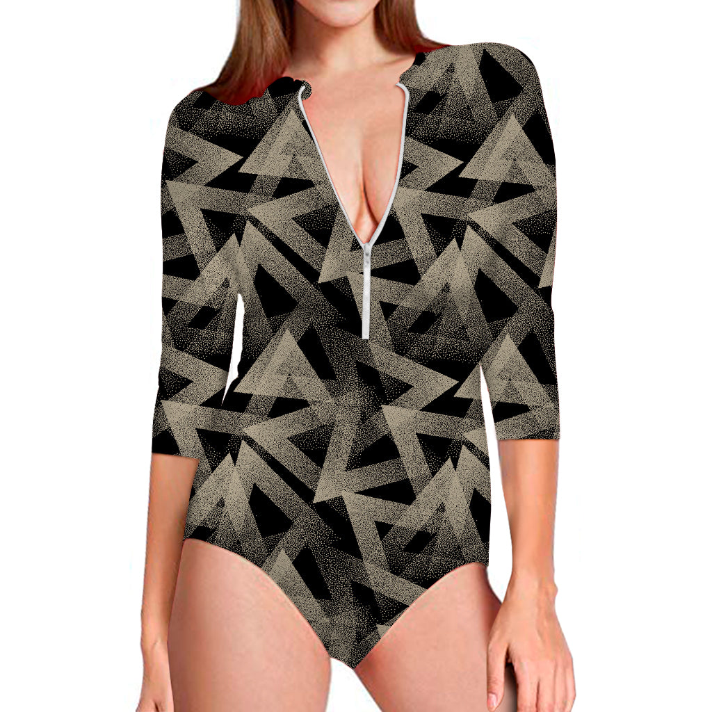 Black And Beige Geometric Triangle Print Long Sleeve Swimsuit