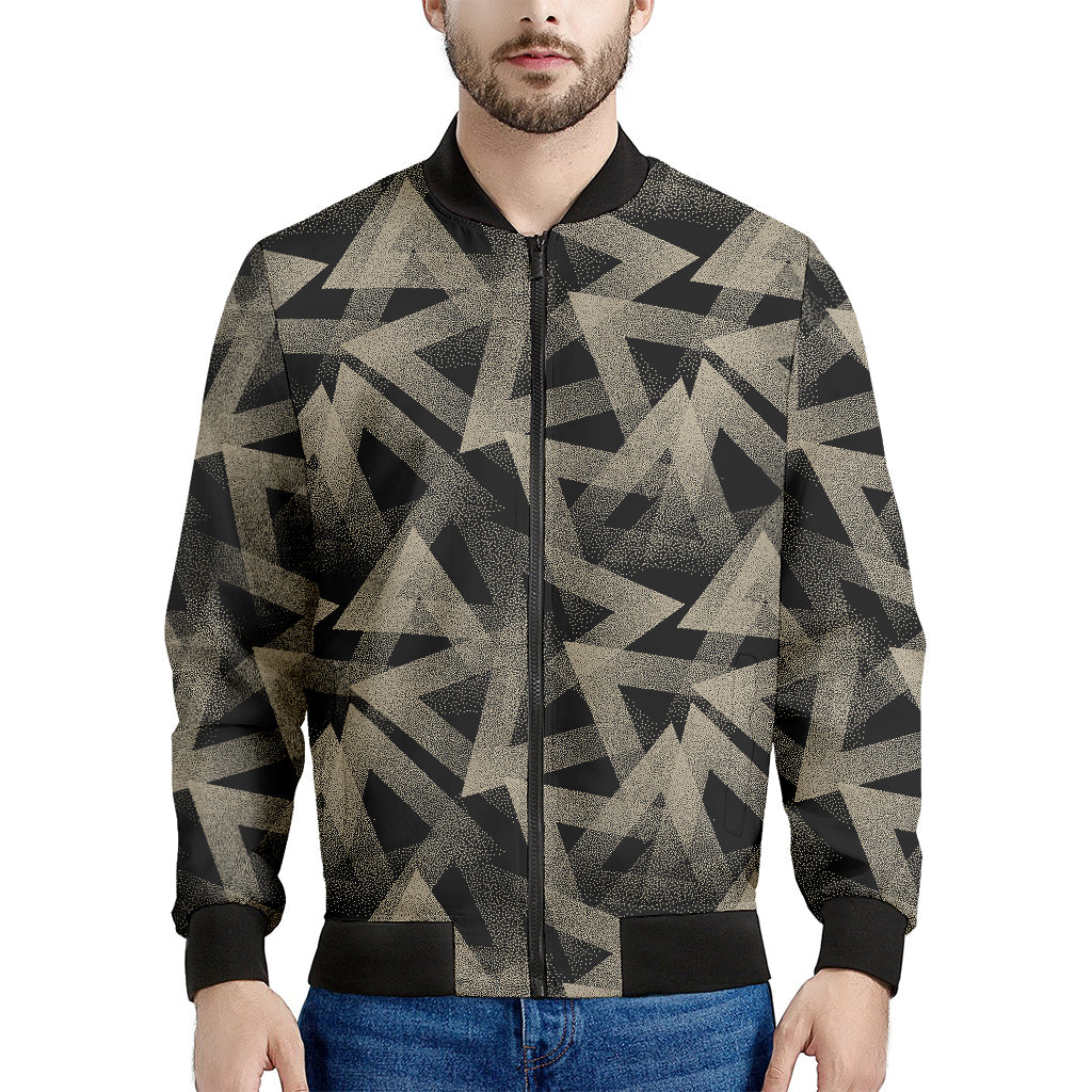 Black And Beige Geometric Triangle Print Men's Bomber Jacket