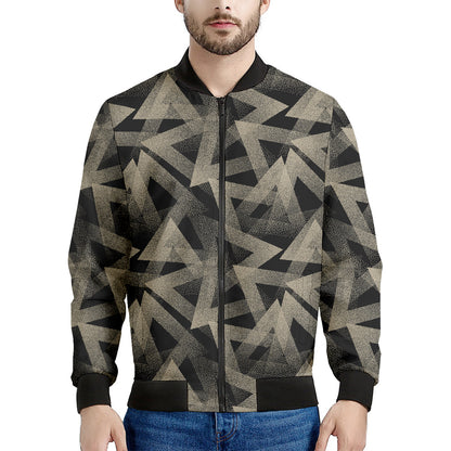 Black And Beige Geometric Triangle Print Men's Bomber Jacket