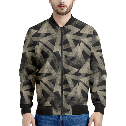 Black And Beige Geometric Triangle Print Men's Bomber Jacket
