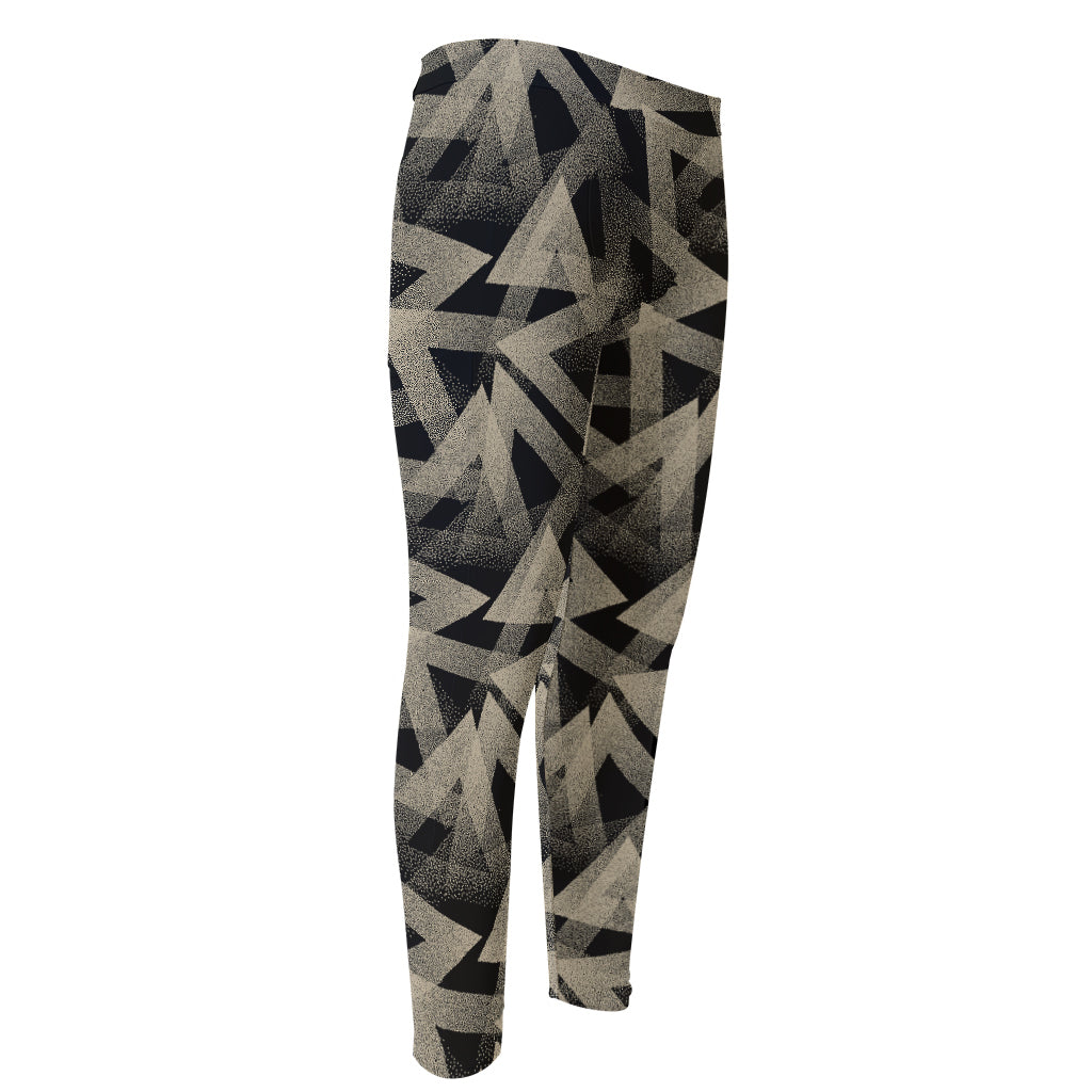 Black And Beige Geometric Triangle Print Men's Compression Pants