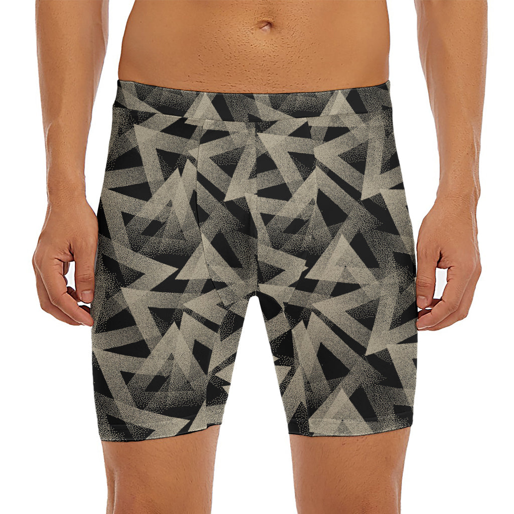 Black And Beige Geometric Triangle Print Men's Long Boxer Briefs