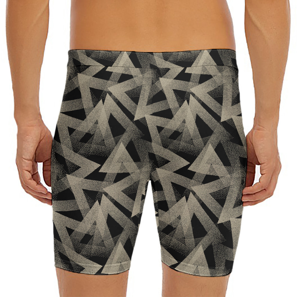 Black And Beige Geometric Triangle Print Men's Long Boxer Briefs