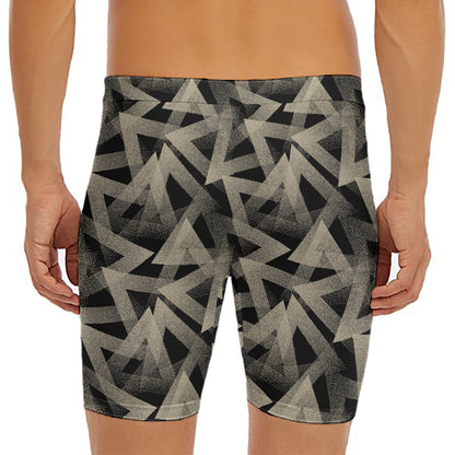 Black And Beige Geometric Triangle Print Men's Long Boxer Briefs