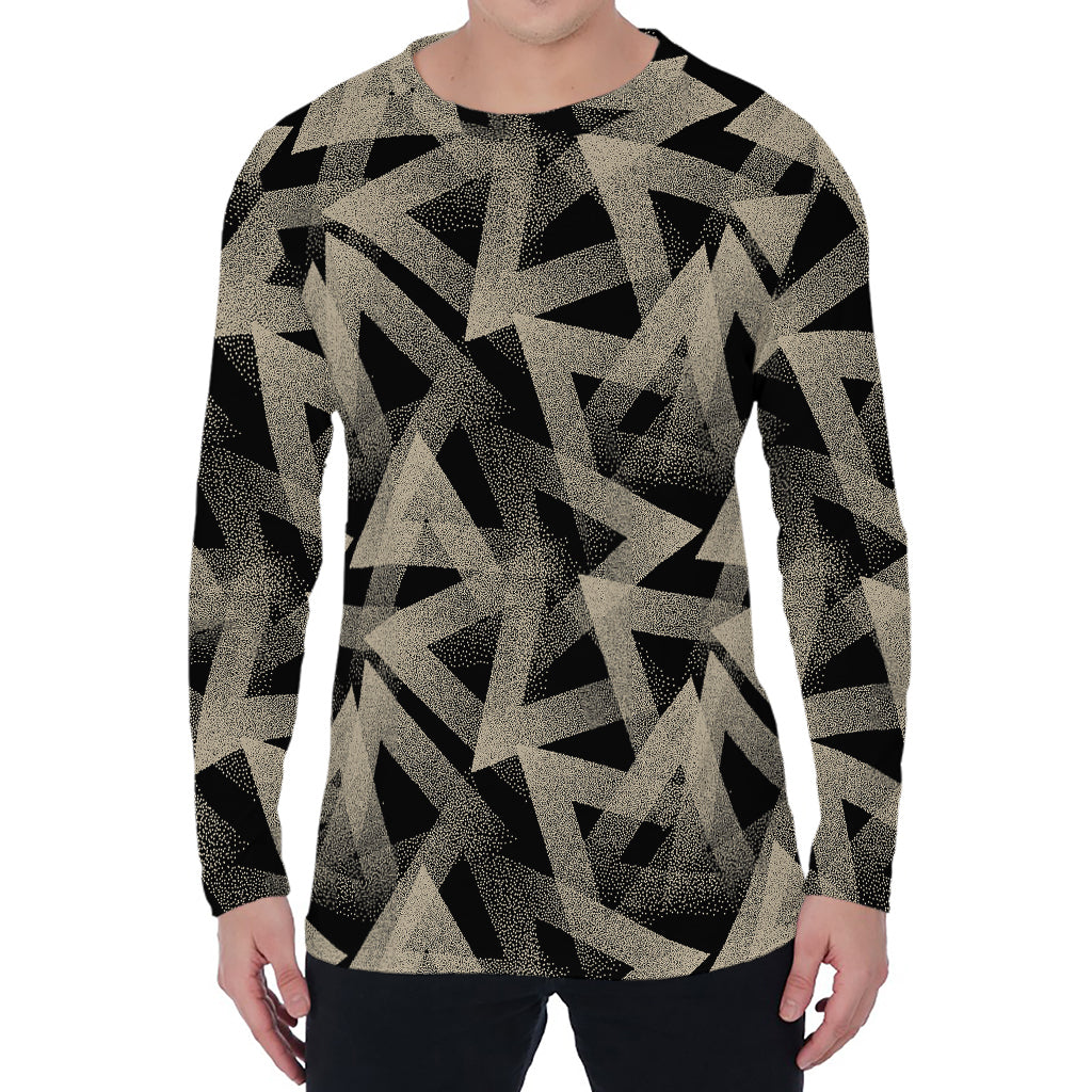Black And Beige Geometric Triangle Print Men's Long Sleeve T-Shirt
