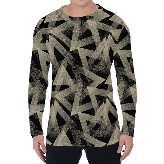 Black And Beige Geometric Triangle Print Men's Long Sleeve T-Shirt