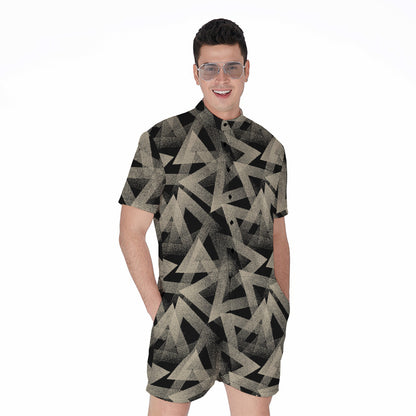 Black And Beige Geometric Triangle Print Men's Rompers