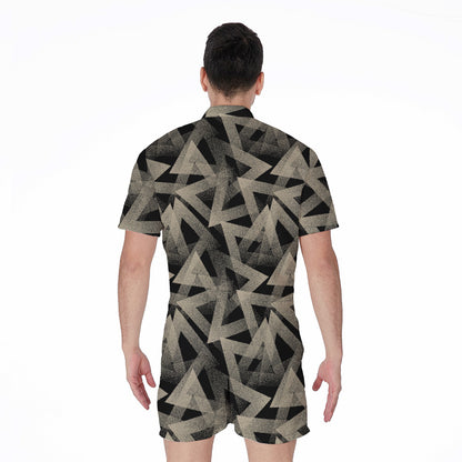 Black And Beige Geometric Triangle Print Men's Rompers