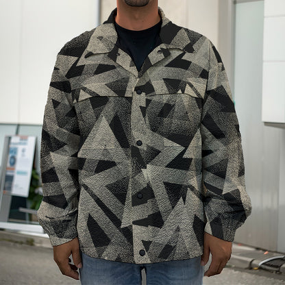 Black And Beige Geometric Triangle Print Men's Shirt Jacket