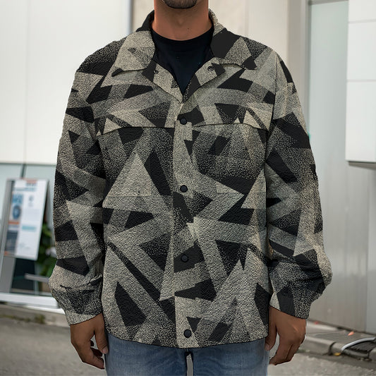 Black And Beige Geometric Triangle Print Men's Shirt Jacket