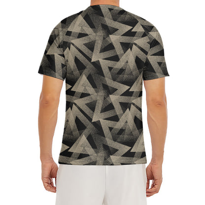 Black And Beige Geometric Triangle Print Men's Short Sleeve Rash Guard
