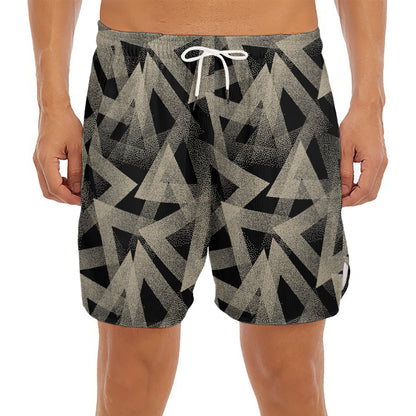 Black And Beige Geometric Triangle Print Men's Split Running Shorts