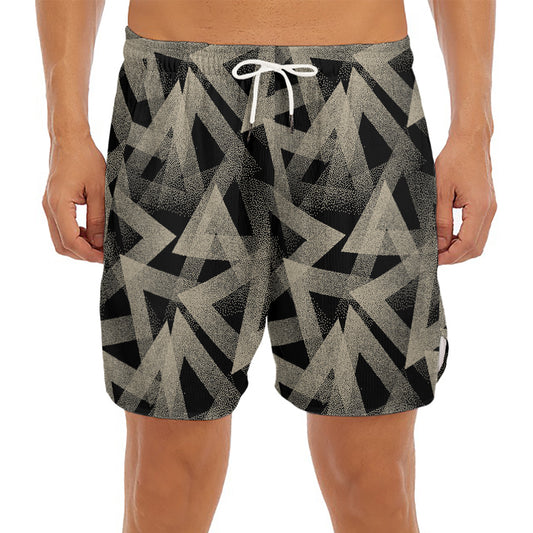 Black And Beige Geometric Triangle Print Men's Split Running Shorts