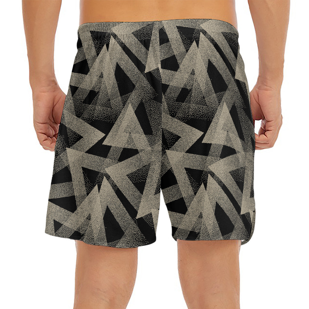 Black And Beige Geometric Triangle Print Men's Split Running Shorts