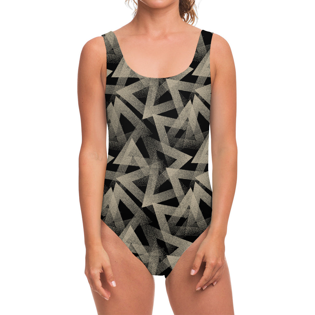 Black And Beige Geometric Triangle Print One Piece Swimsuit