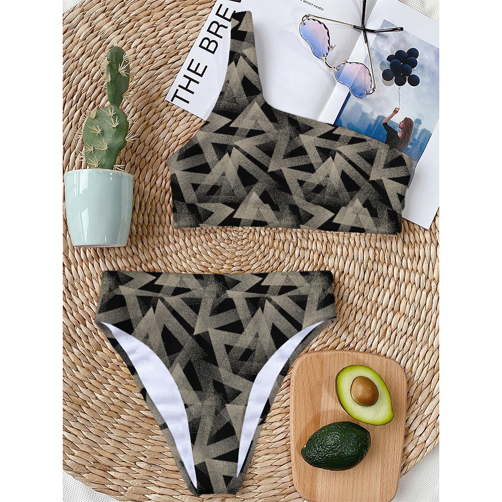 Black And Beige Geometric Triangle Print One Shoulder Bikini Top
