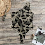 Black And Beige Geometric Triangle Print One Shoulder Bodysuit