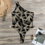 Black And Beige Geometric Triangle Print One Shoulder Bodysuit