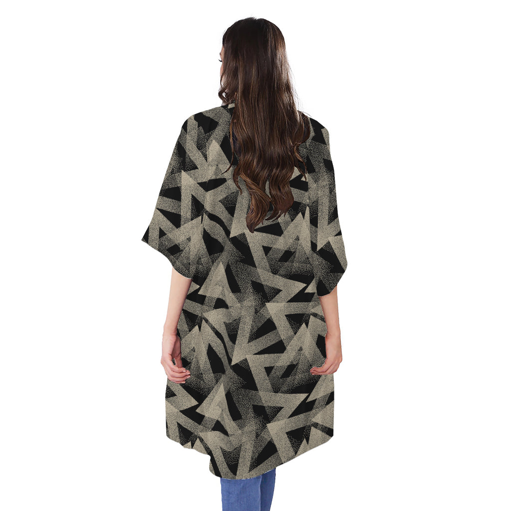Black And Beige Geometric Triangle Print Open Front Beach Cover Up