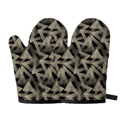 Black And Beige Geometric Triangle Print Oven Mitts