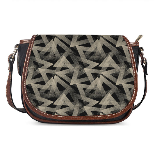 Black And Beige Geometric Triangle Print Saddle Bag