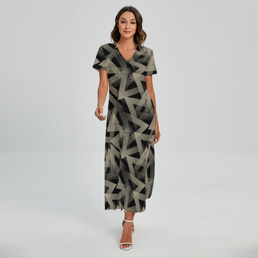Black And Beige Geometric Triangle Print Short Sleeve Maxi Dress