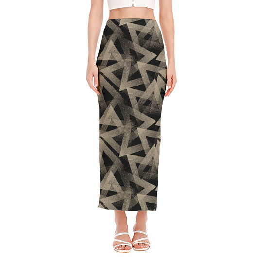 Black And Beige Geometric Triangle Print Side Slit Maxi Skirt